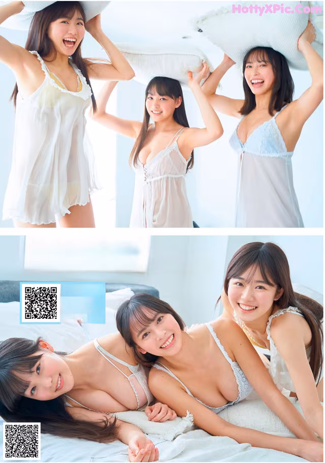 A group of young women laying on top of a bed.