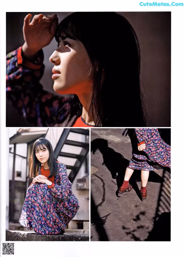 A collage of photos of a woman in a colorful dress.