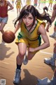 A girl in a yellow and green uniform dribbling a basketball.