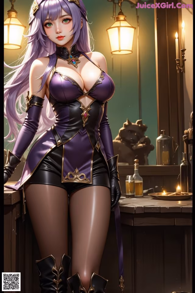 A woman in a purple and black outfit standing in front of a bar.