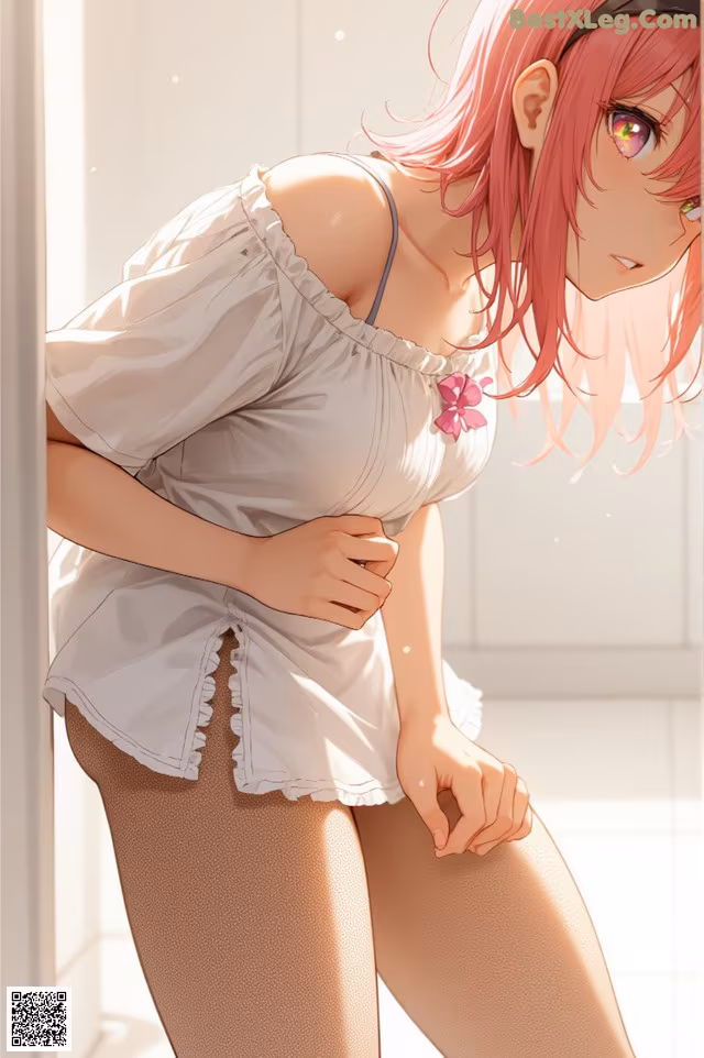 A woman with pink hair and a white shirt is posing for a picture.