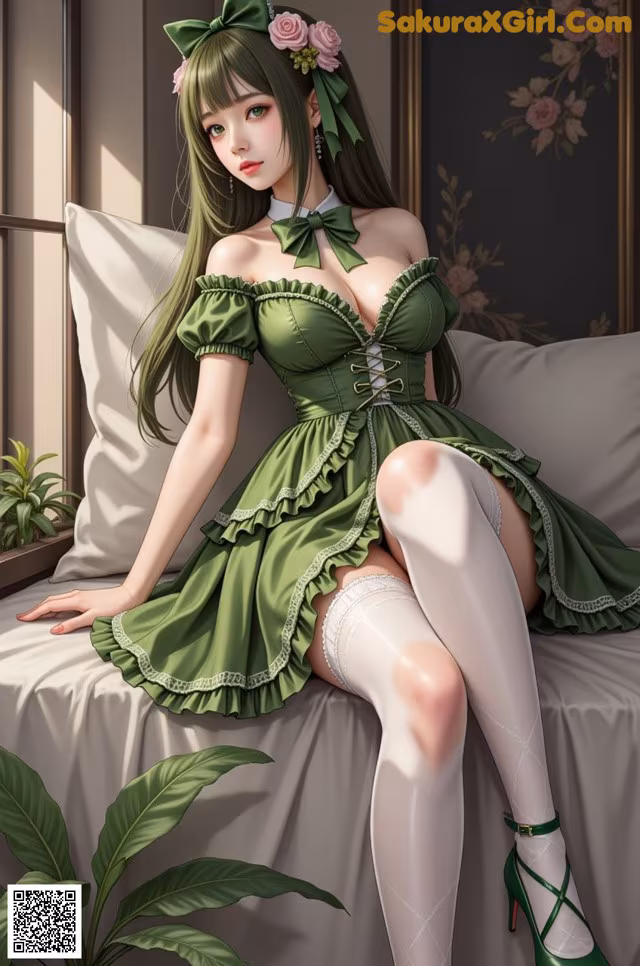 A woman in a green dress sitting on a couch.