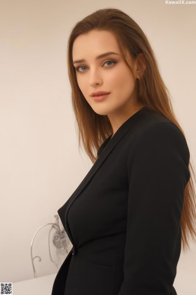 A woman in a black suit posing for a picture.