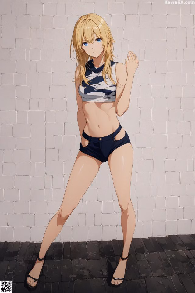 A woman in a bikini standing in front of a white brick wall.