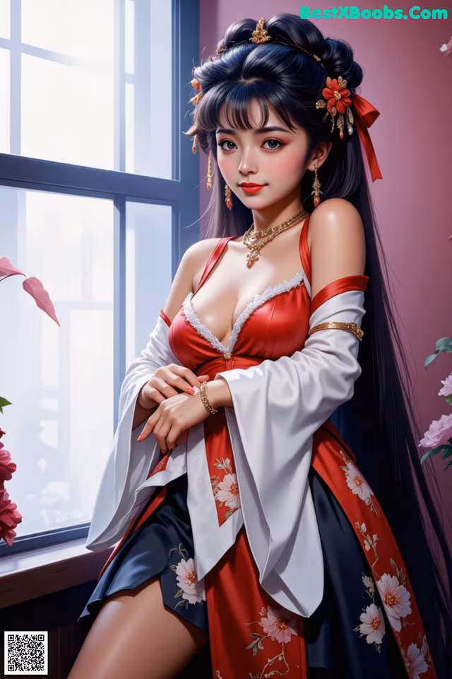 A woman in a red and black dress sitting by a window.