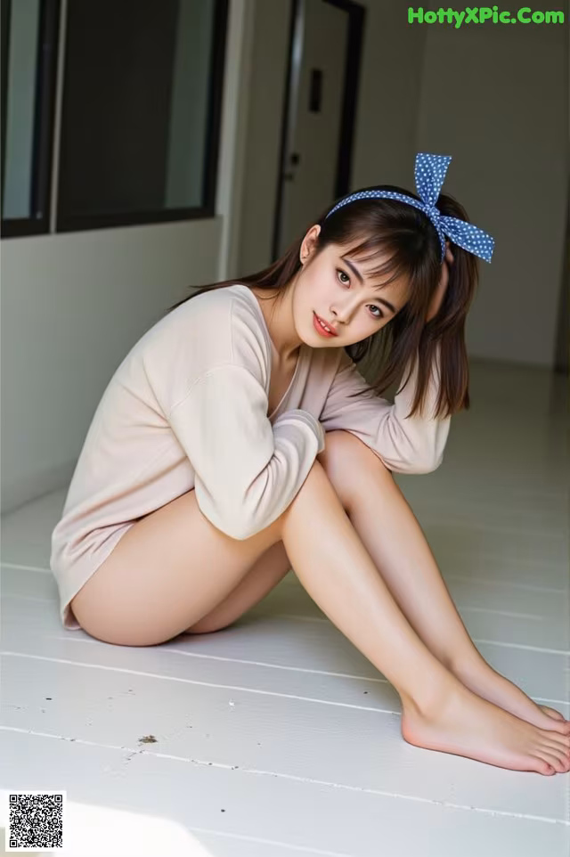 A woman sitting on the floor with her legs crossed.