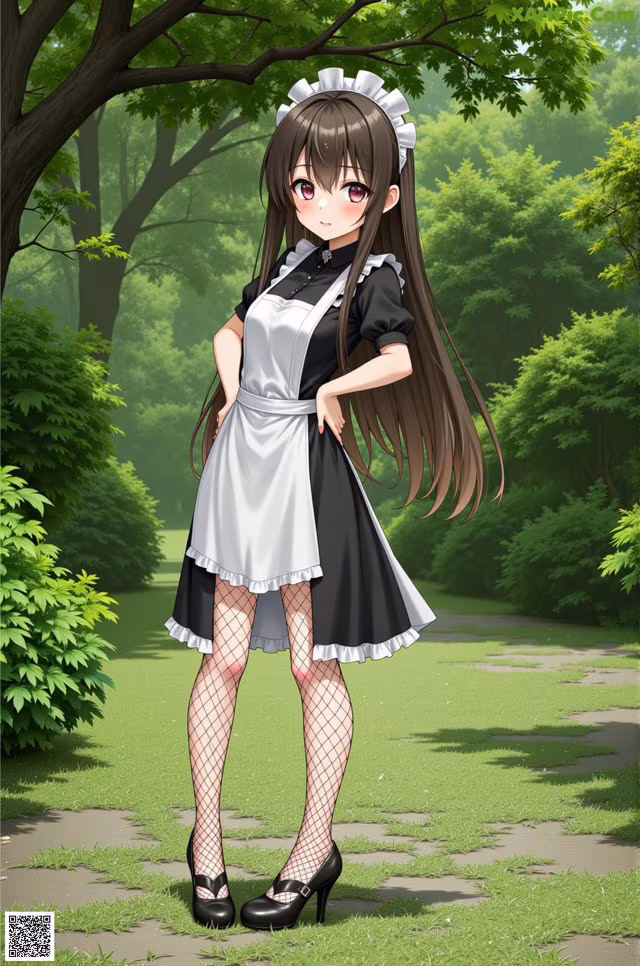 A woman in a maid outfit standing in a park.