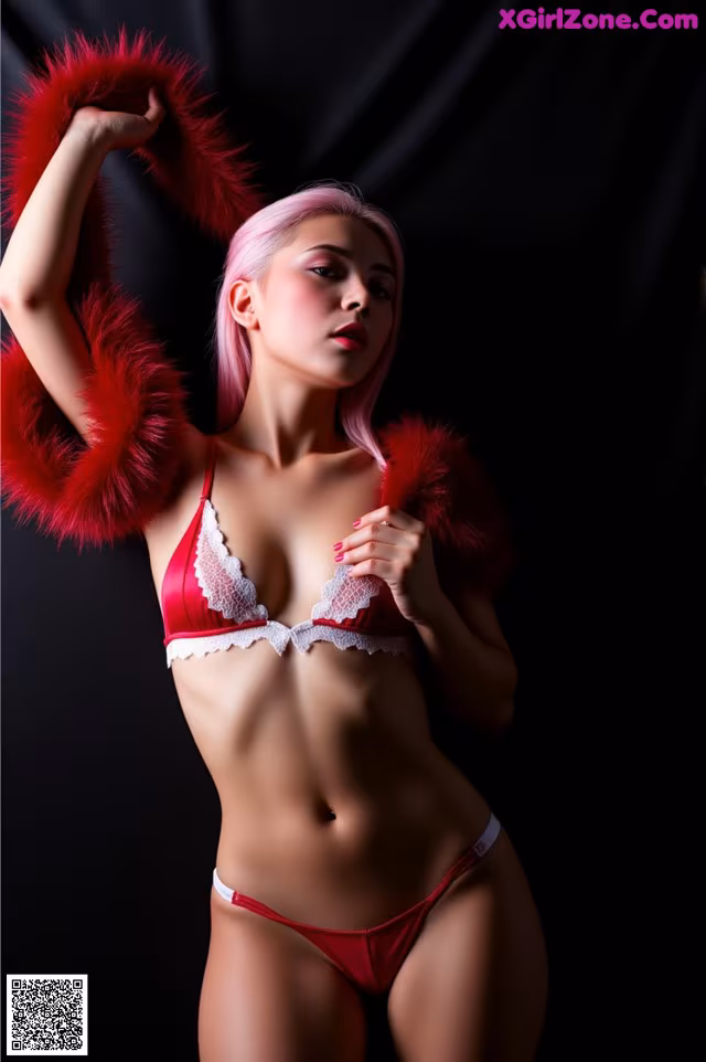 A woman in a red and white lingerie posing for a picture.