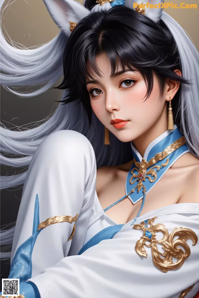 A woman with long black hair wearing a white and blue outfit.