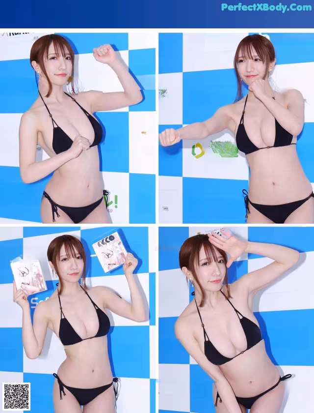 A woman in a black bikini posing for a picture.