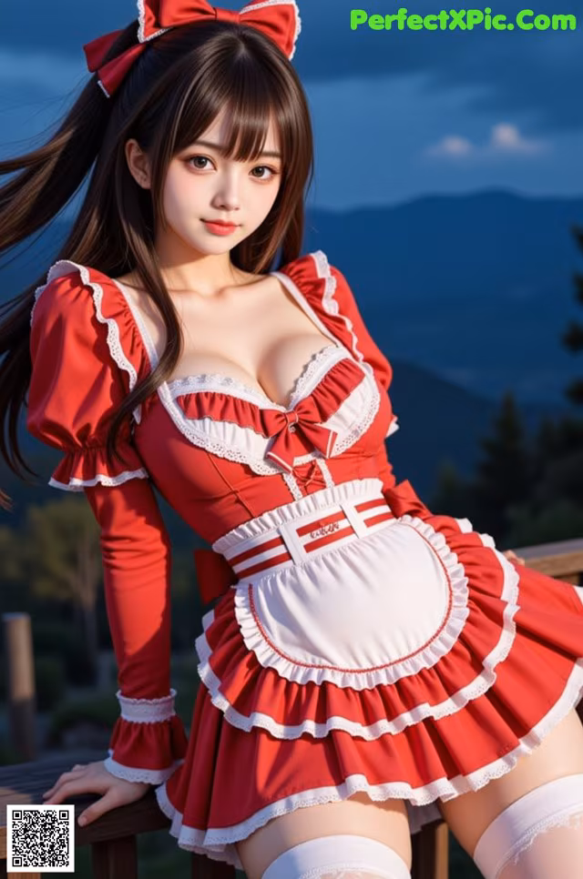 A woman in a red and white dress posing for a picture.