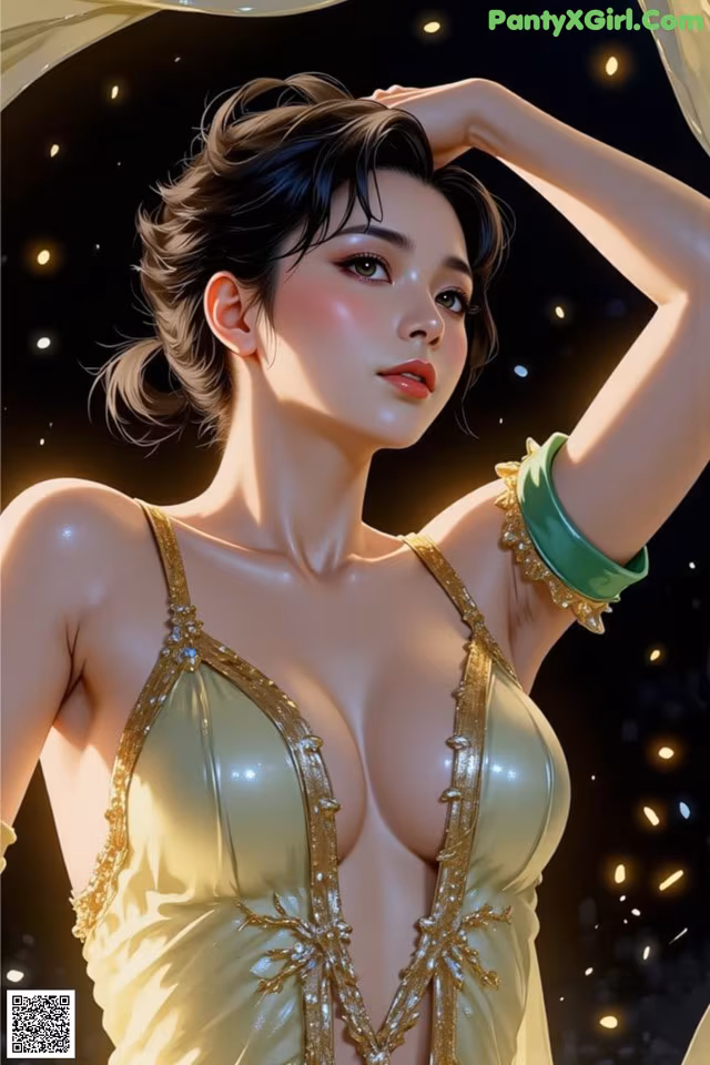 A woman in a yellow dress posing for a picture.